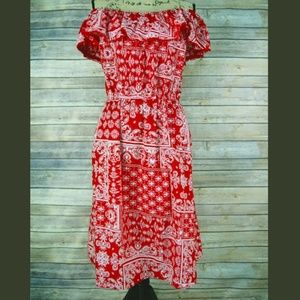 Plus Sz Red Paisley off The Shoulder Summer Dress